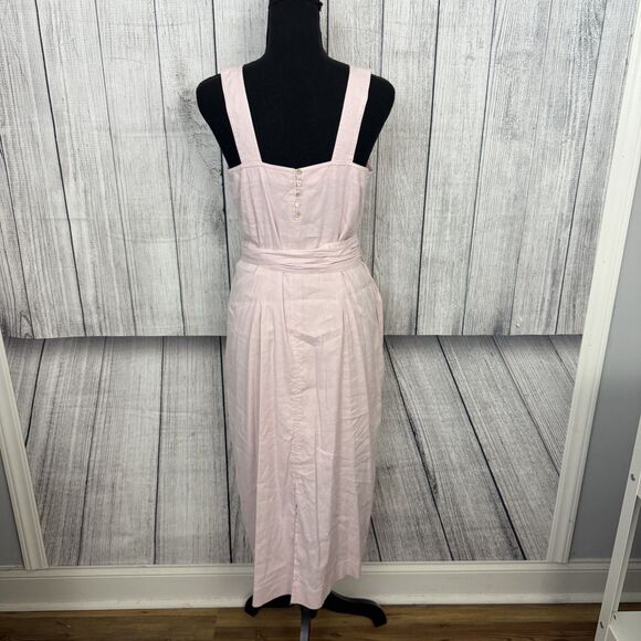 Vince Women's Size 10 Light Pink Belted Linen Blend Square Neck Midi Dress - Picture 5 of 10